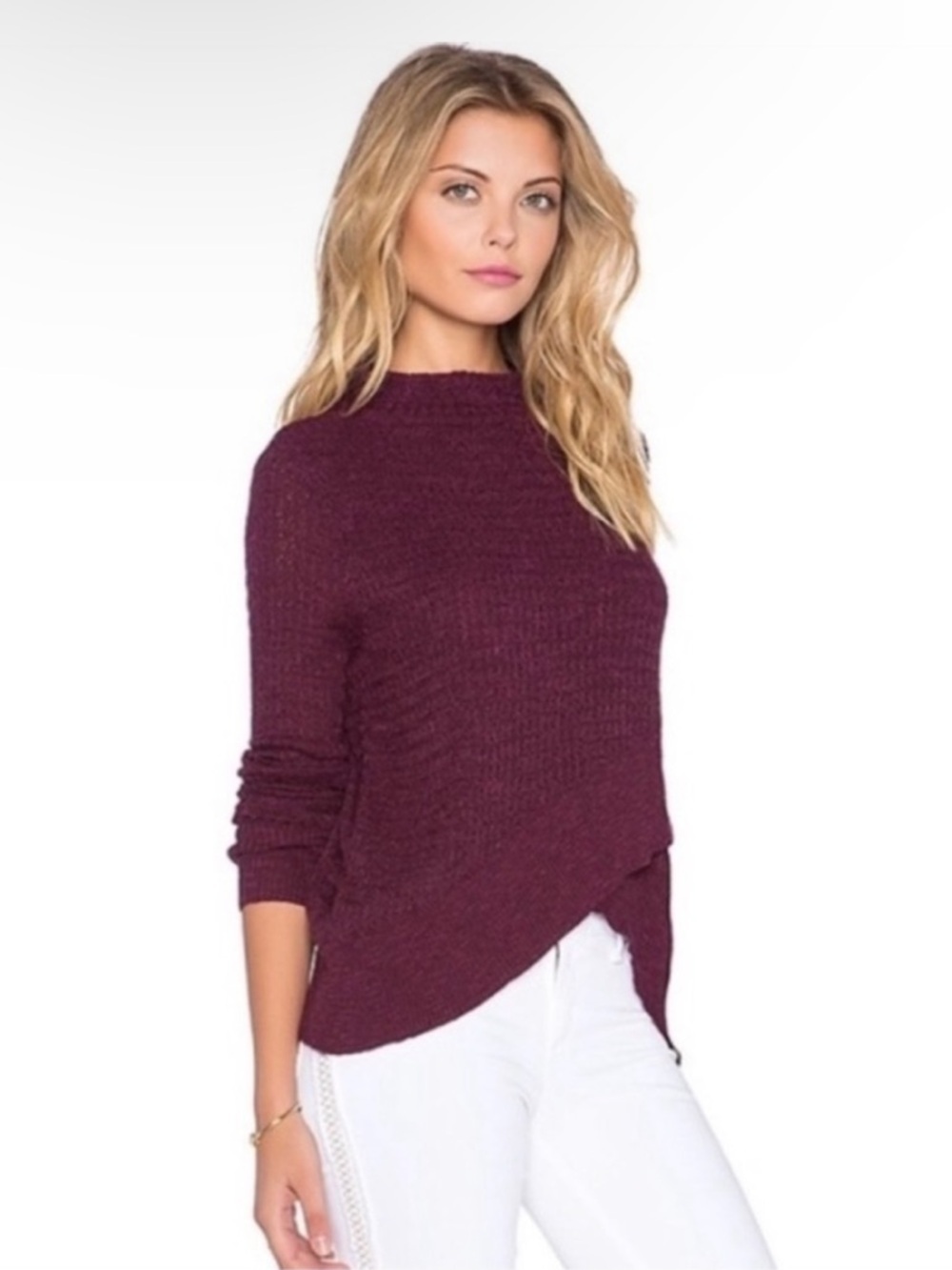 Free People Plum Linen Blend Mock Neck Crossover Hem Sweater XS